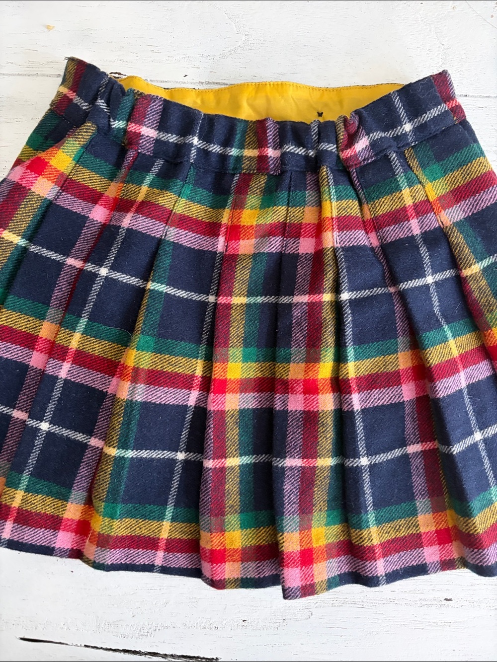 Mini Boden skirt plaid rainbow wool Size 5-6 years old NWT pleated button navy - Picture 7 of 9
